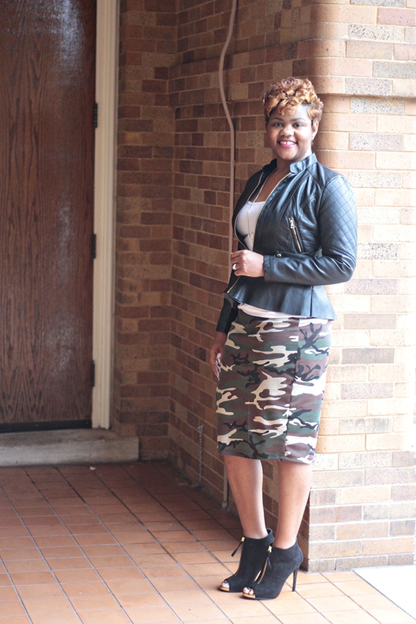 Leather skirt camo top jacket